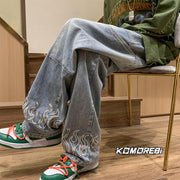 Men Jeans Retro Loose Wide Leg Pants Straight-Leg Trousers