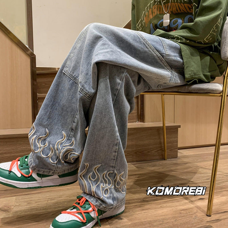 Men Jeans Retro Loose Wide Leg Pants Straight-Leg Trousers