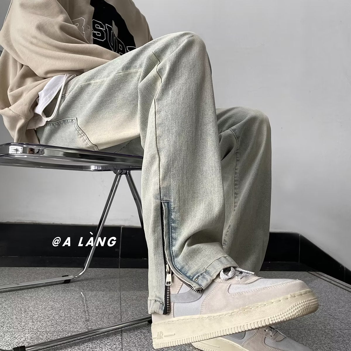 Men Jeans Side Zipper Skinny Jeans Men's Summer Retro Washed Straight-Leg Trousers