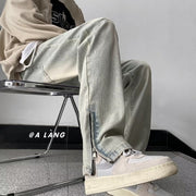 Men Jeans Side Zipper Skinny Jeans Men's Summer Retro Washed Straight-Leg Trousers
