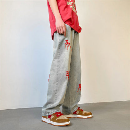 Men Jeans Embroidered Jeans Men's Spring Wide Leg Pants Spring and Autumn Straight-Leg Pants