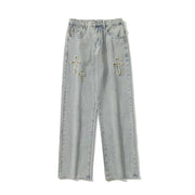 Men Jeans Retro Washed Cross Embroidered Jeans