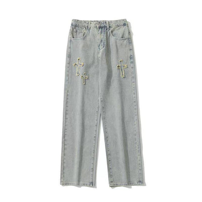 Men Jeans Retro Washed Cross Embroidered Jeans