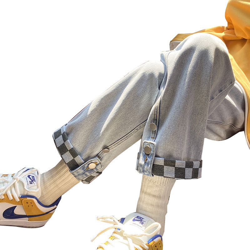 Men Jeans Summer Jeans Loose Wide Leg Pants Straight Plaid Pants