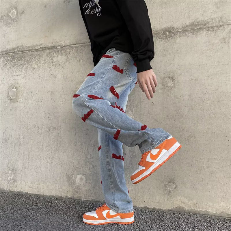 Men Jeans Embroidered Letters Straight-Leg Pants Vintage Jeans