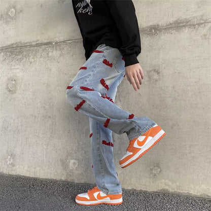 Men Jeans Embroidered Letters Straight-Leg Pants Vintage Jeans