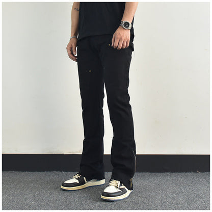 Men Jeans Zipper Slit Slightly Flared Casual Pants Loose Cargo Pants