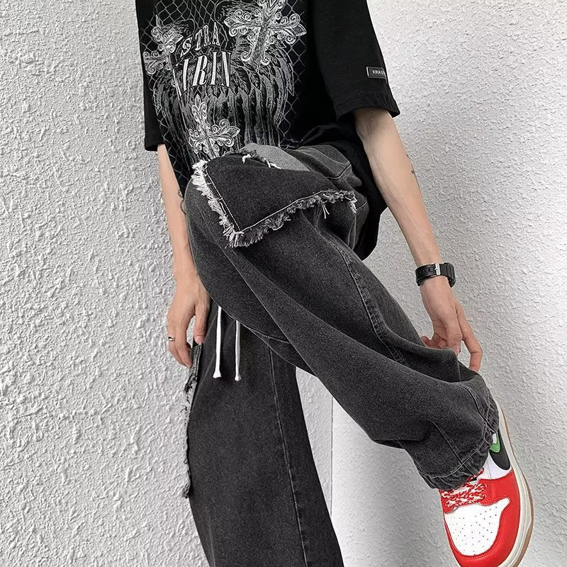 Men Jeans Patch Ripped Jeans Summer Retro Straight Loose Pants