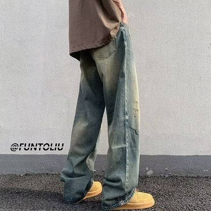 Men Jeans Washed Worn Jeans Loose Wide-Leg Straight Pants