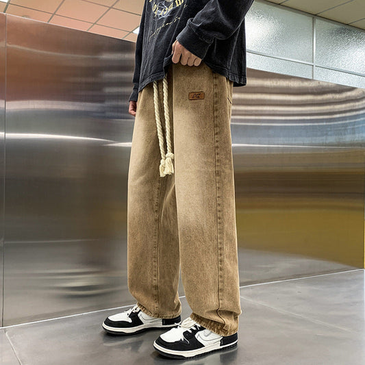 Men Jeans Drawstring Jeans Men Spring Autumn Vintage Straight-Leg Wide-Leg Pants