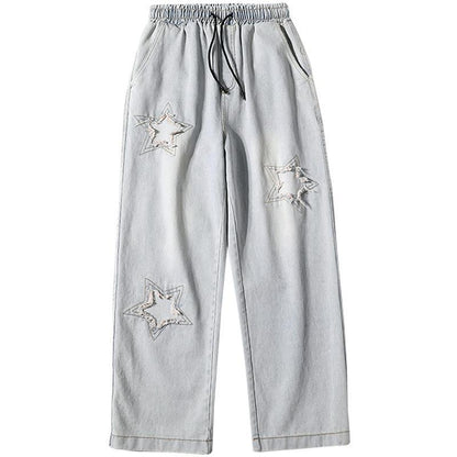 Men Jeans Five-Pointed Star Summer Washed-out Vintage Wide Leg Denim Trousers