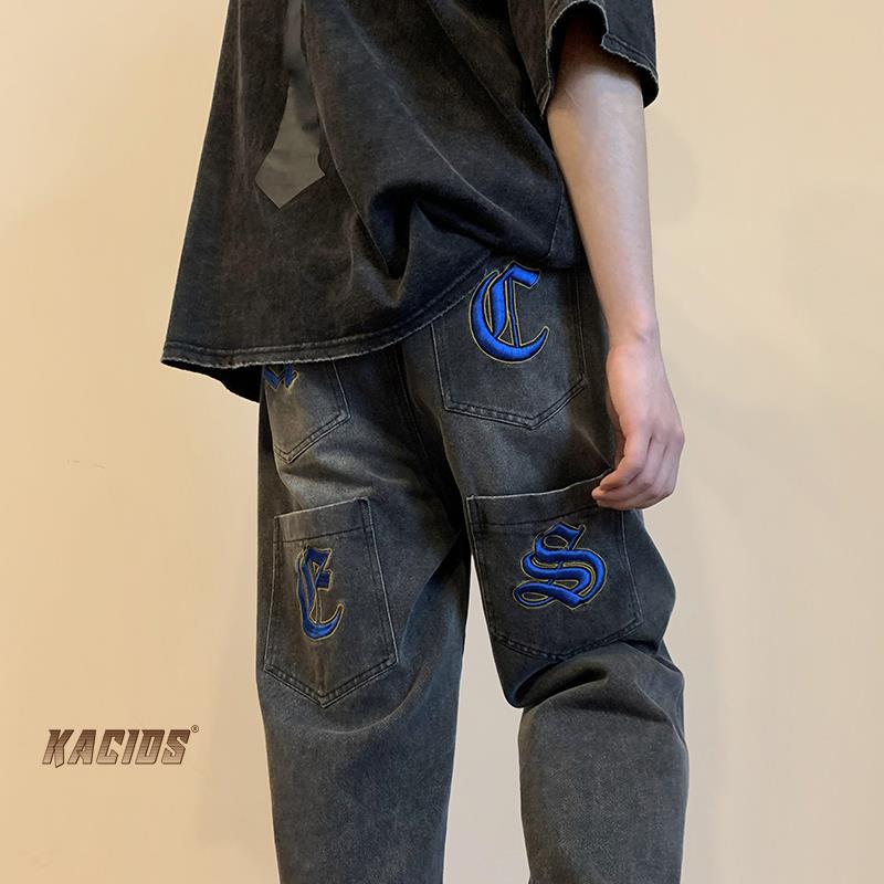 Men Jeans Embroidered Jeans Ripped Men's Summer Baggy Straight Trousers
