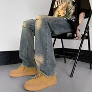 Men Jeans Washed Make Old Ripped Jeans Men's Summer Straight-Leg Trousers