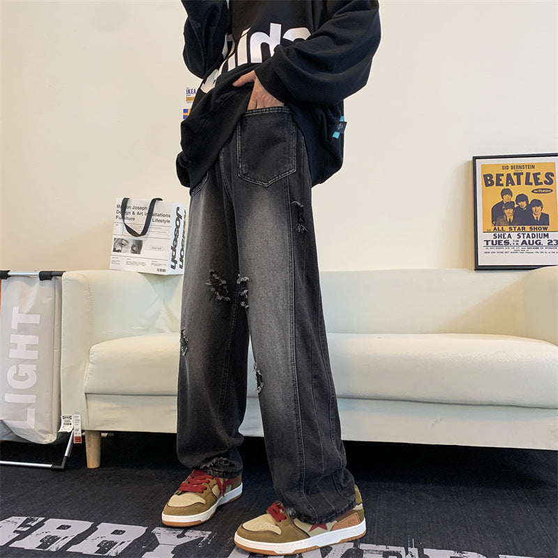 Men Jeans Washed Gradient Ripped Jeans Men's Straight Loose Casual Pants
