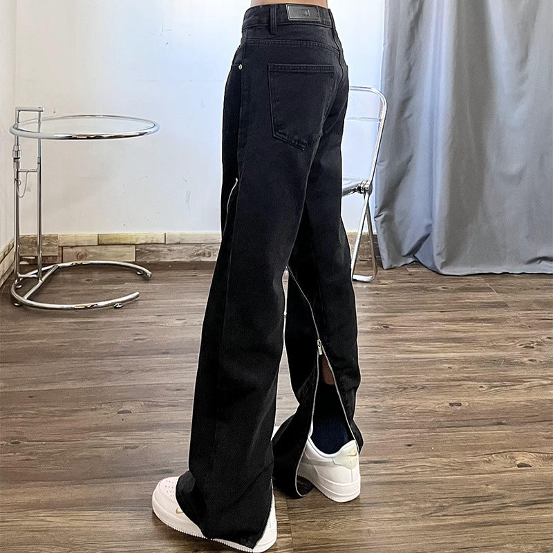 Men Jeans Zipper Jeans Design Slit Hiphop Washed Baggy Straight Trousers