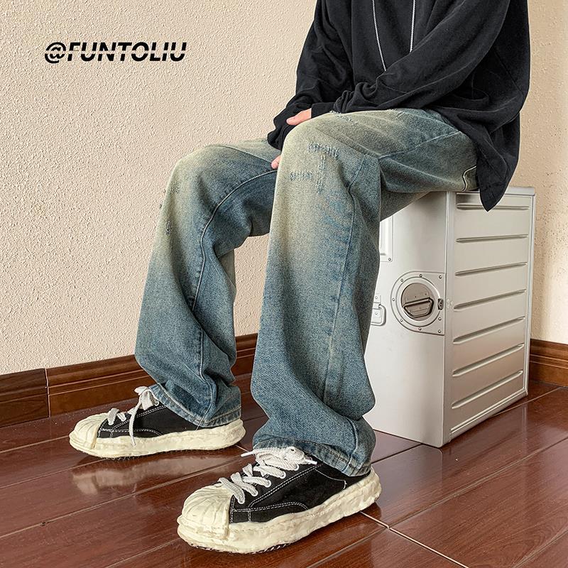 Men Jeans Vintage Jeans Autumn Distressed Washable Pants Loose Straight Wide Leg Pants