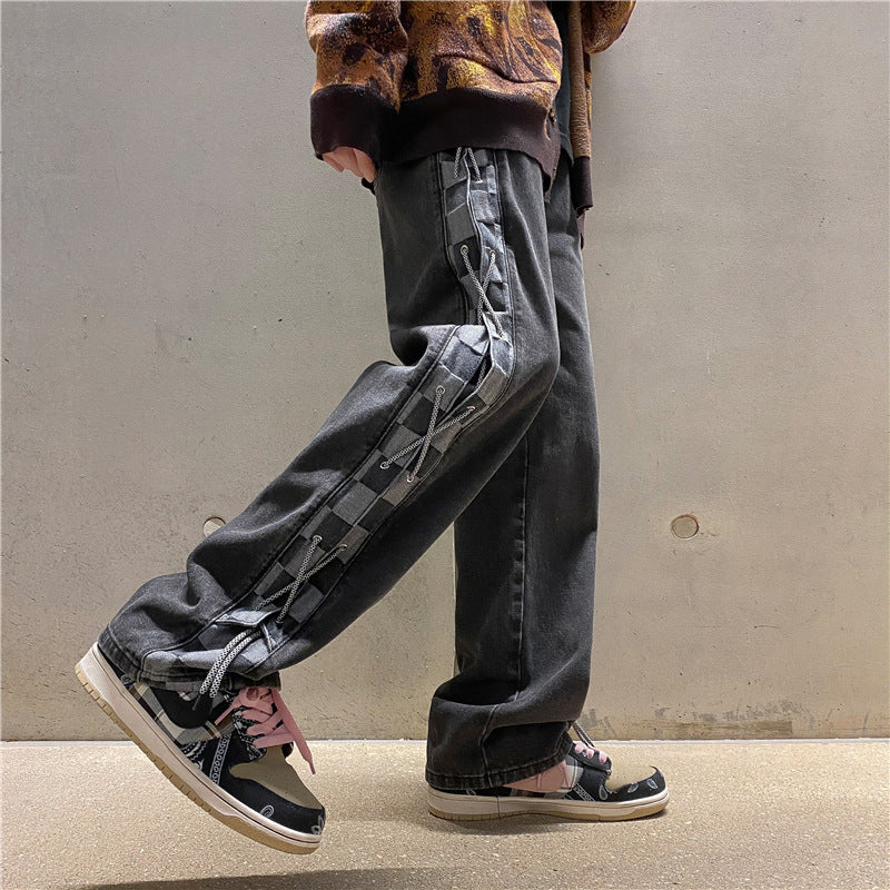 Men Jeans Checkerboard Plaid Jeans Men's Spring and Autumn Straight Loose Wide Leg Pants