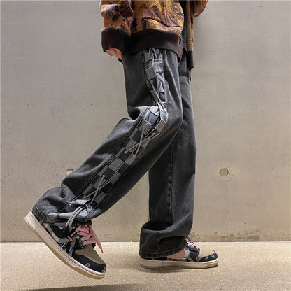 Men Jeans Checkerboard Plaid Jeans Men's Spring and Autumn Straight Loose Wide Leg Pants