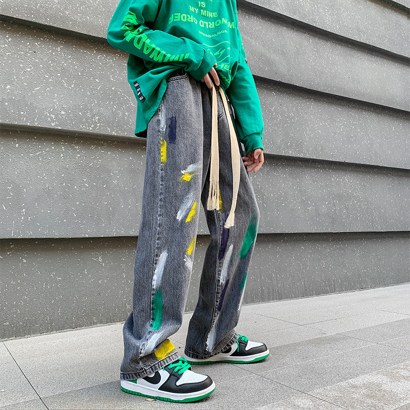 Men Jeans Graffiti Jeans Men Spring-Autumn Wide-Leg Pants