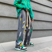 Men Jeans Graffiti Jeans Men's Spring and Autumn plus Size Hip Hop Wide-Leg Pants Straight Loose