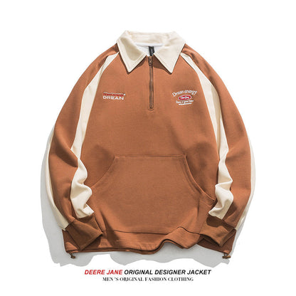 Men Pullover Hoodie Spring Color Matching Polo Shirt Men Loose-Fitting Casual Pullover