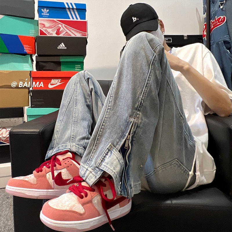 Men Jeans Side Zipper Jeans Men's Summer Loose Casual Pants
