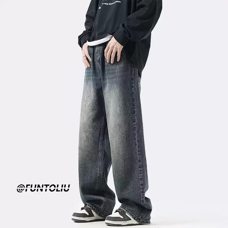 Men Jeans Summer Retro Casual Pants Washed Loose Straight-Leg Wide-Leg Pants