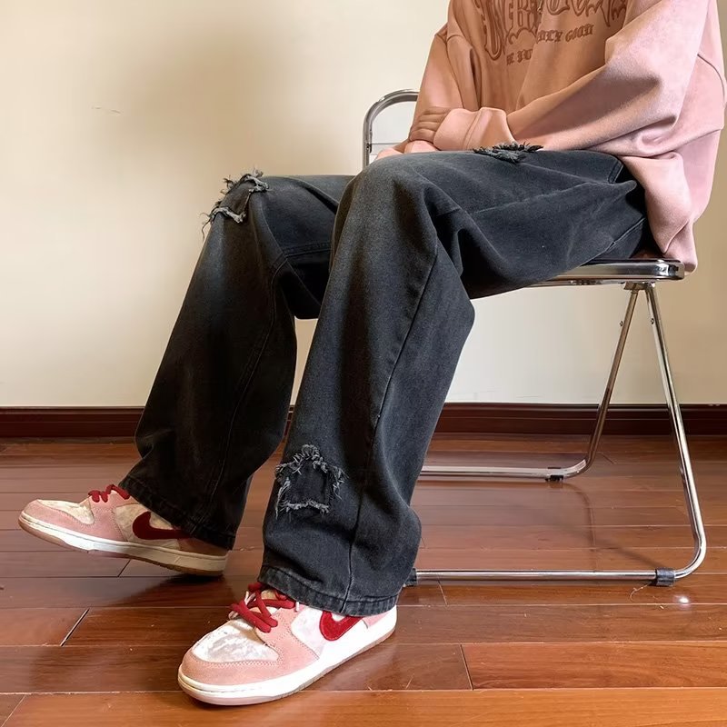 Men Jeans Vintage Patch Straight-Leg Pants Spring Baggy Pants