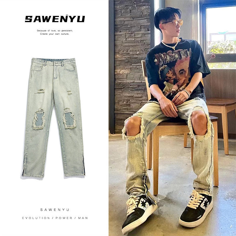 Men Jeans Ripped Jeans Men's Summer Vintage Distressed Loose Casual Wide-Leg Trousers