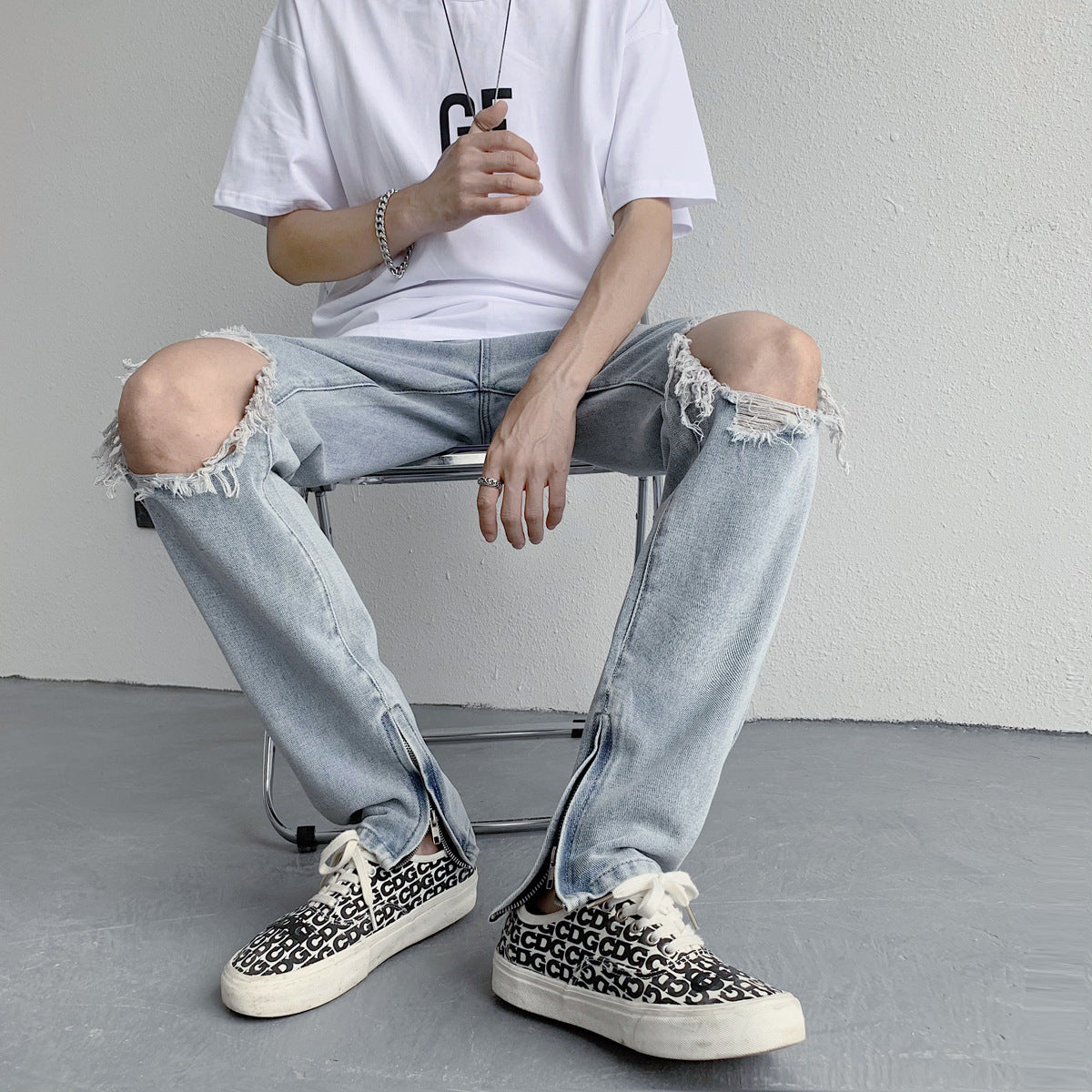 Men Jeans Ripped Jeans Men's Summer Loose Straight Wide Leg Pants
