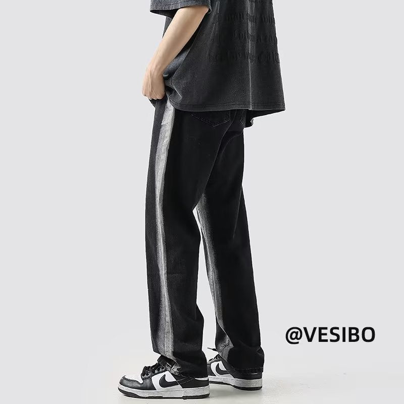 Men Jeans Straight Jeans Men's Autumn Loose Distressed Wide-Leg Pants