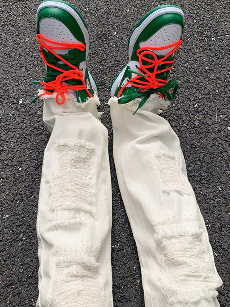 Men Jeans Ripped White Jeans Straight Slim-Fit Pants