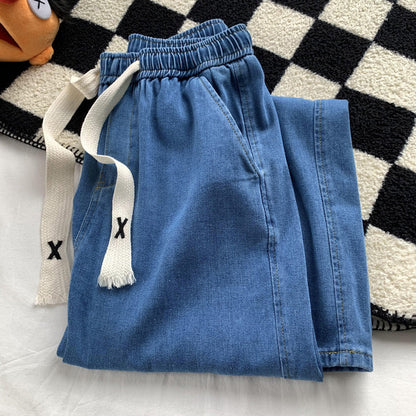 Men Jeans Straight Loose Summer Light Color Retro Casual Wide Leg Pants