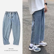 Men Jeans Vintage Light Color Elastic Waist Jeans Straight Wide Pants