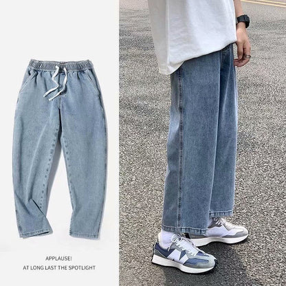 Men Jeans Vintage Light Color Elastic Waist Jeans Straight Wide Pants