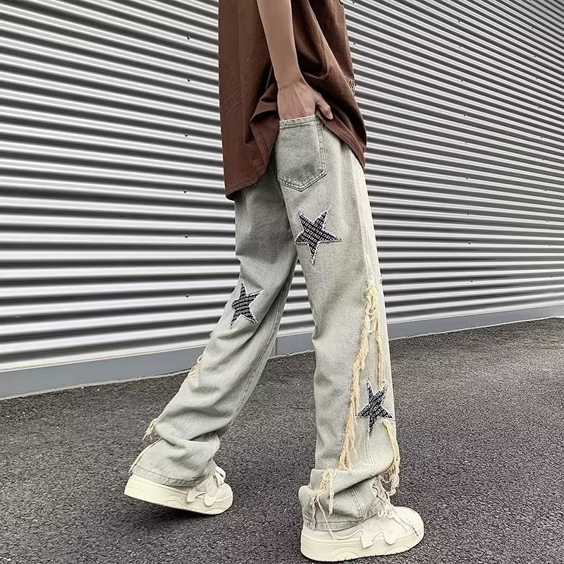 Men Jeans Embroidered Jeans Men's Summer Retro Loose Wide-Leg Straight Pants