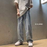 Men Jeans Straight Jeans Men's Spring and Summer Letters Embroidered Wide-Leg Pants
