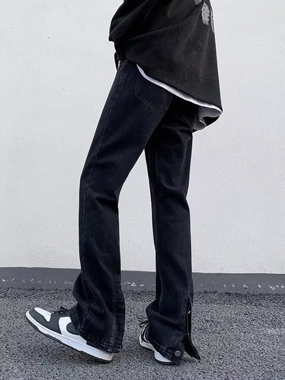 Men Jeans Spring and Autumn Zipper Split Jeans Slim Fit Skinny Straight-Leg Pants