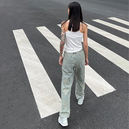 Men Jeans Retro Washed Cross Embroidered Jeans
