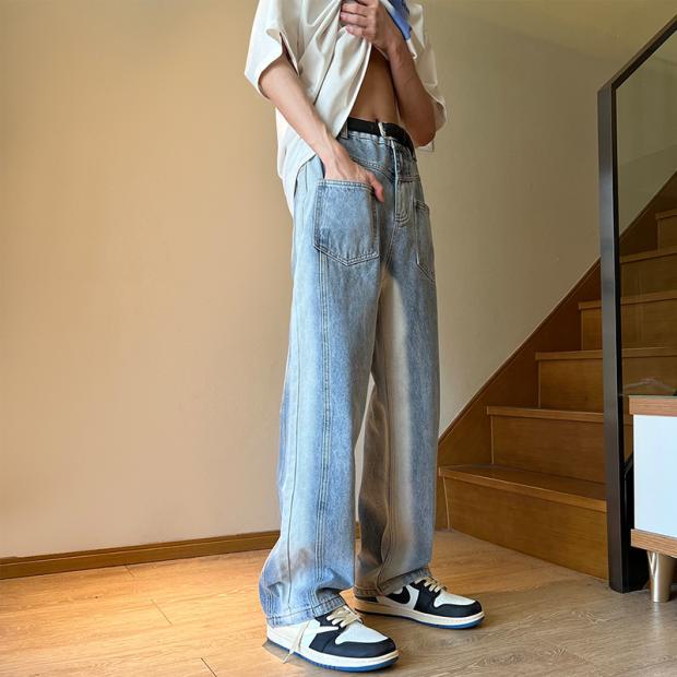 Men Jeans Vintage Multi-Pocket Jeans Oldschool Pants Loose Wide Leg Pants