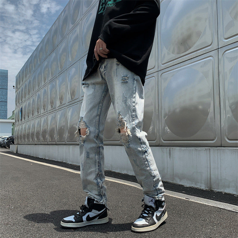 Men Jeans Loose Hole Straight Tide Trousers