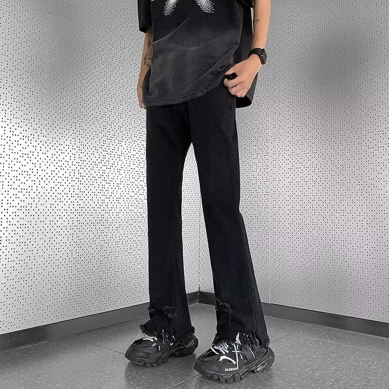 Men Jeans Raw Hem Ripped Skinny Jeans Summer Baggy Straight Trousers