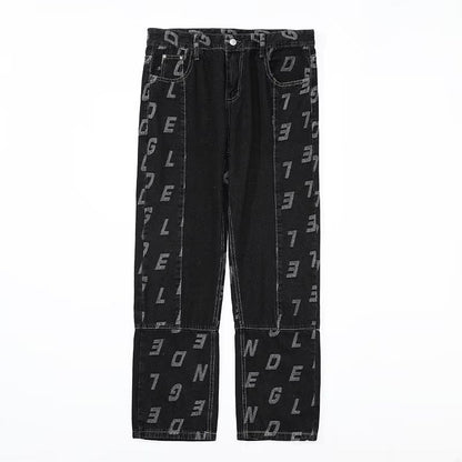 Men Jeans Retro Patchwork Jacquard Jeans Casual Pants