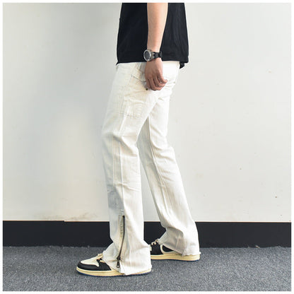 Men Jeans Zipper Slit Slightly Flared Casual Pants Loose Cargo Pants