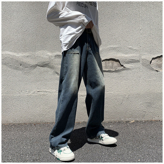 Men Jeans Retro Loose Straight-Leg Wide-Leg Pants
