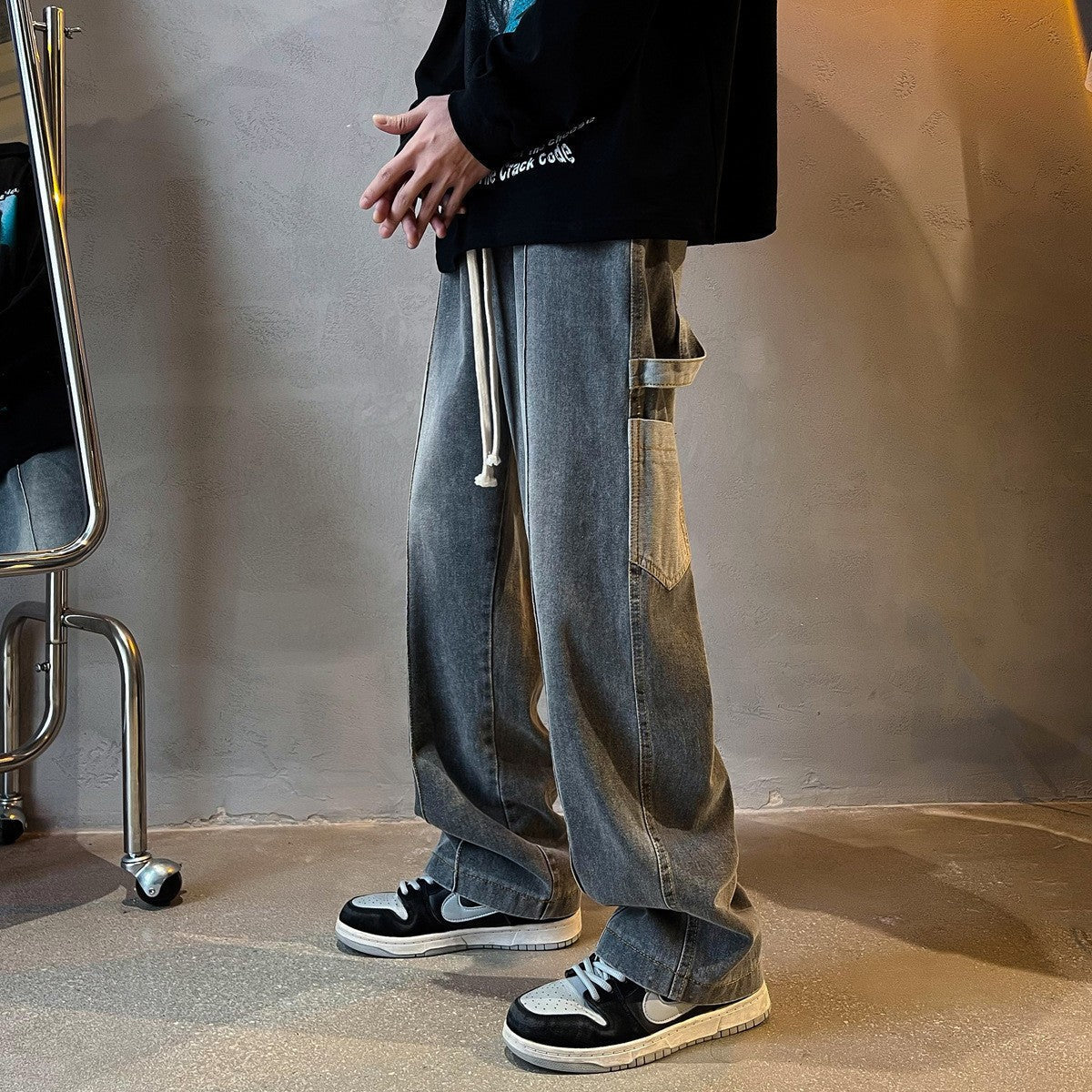 Men Jeans Washed Jeans Men Spring Baggy Straight Trousers