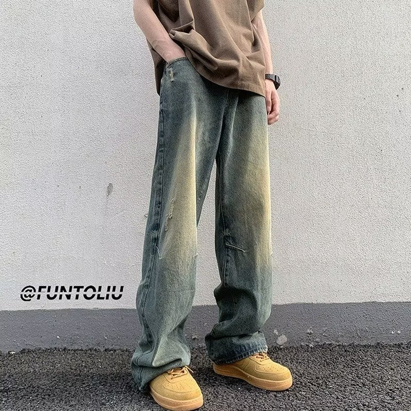 Men Jeans Washed Worn Jeans Loose Wide-Leg Straight Pants