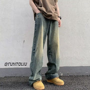 Men Jeans Washed Worn Jeans Loose Wide-Leg Straight Pants