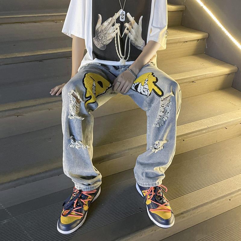 Men Jeans Ripped Jeans Men's Summer Loose Wide Leg Pants