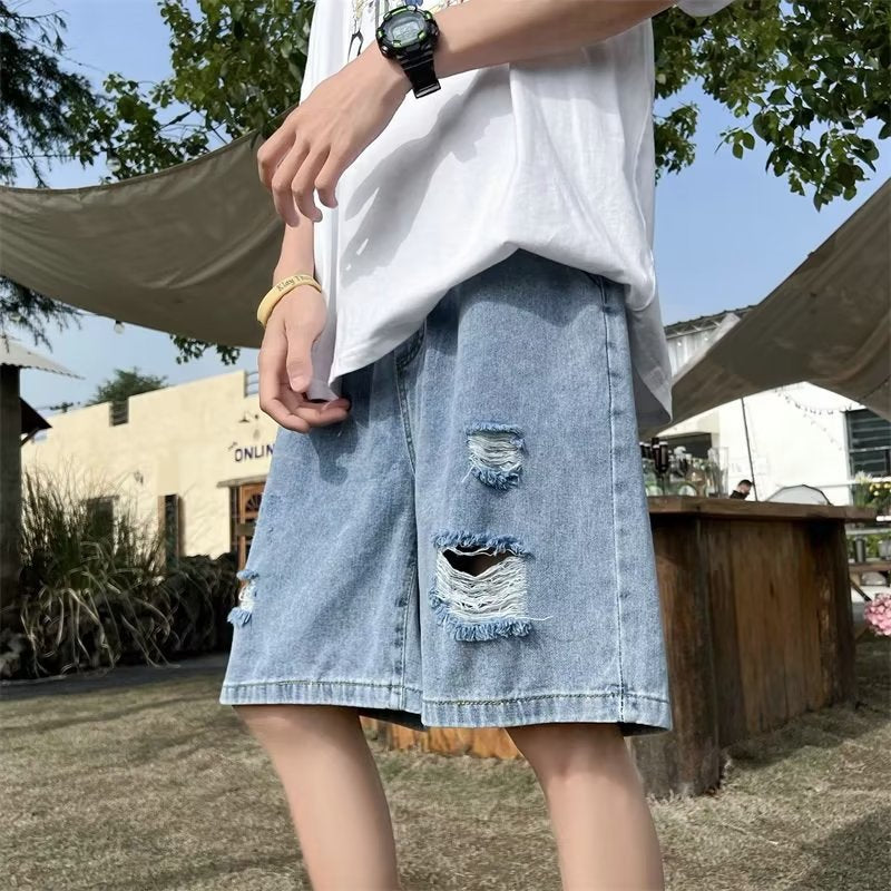 Men Jeans Retro Tattered Jeans Denim Shorts